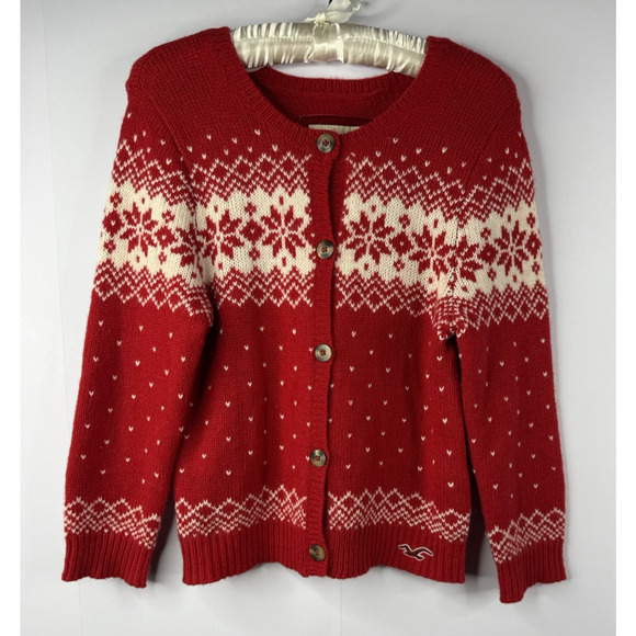 Vtg Hollister Fair Isle Cardigan Red Heart Snowflakes Sz L Wool Blend Y2K Winter - Picture 1 of 9